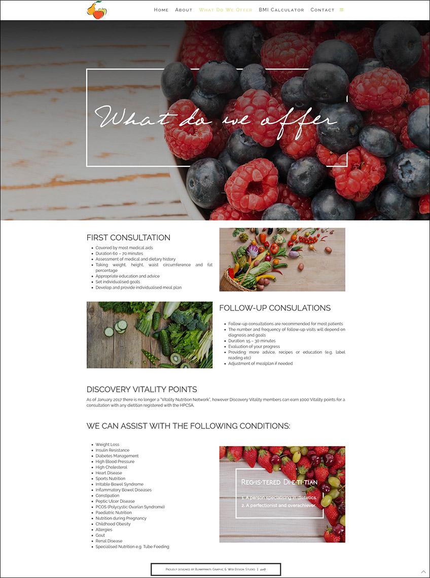 bunnypants web design dietitians on vaal what do we offer page