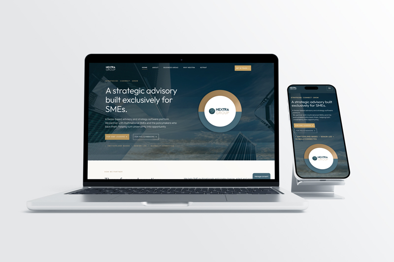 Laptop and mobile mockup showing the Nextra Group website